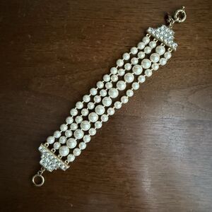 J. Crew 4 Strand White Faux Pearl Spring Ring Rhinestones Bracelet Sz Small 7"